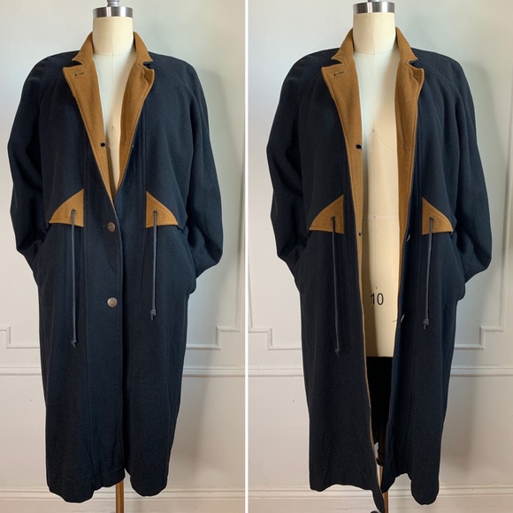 Vintage Black and Brown Long Wool Coat - Picture 3 of 5